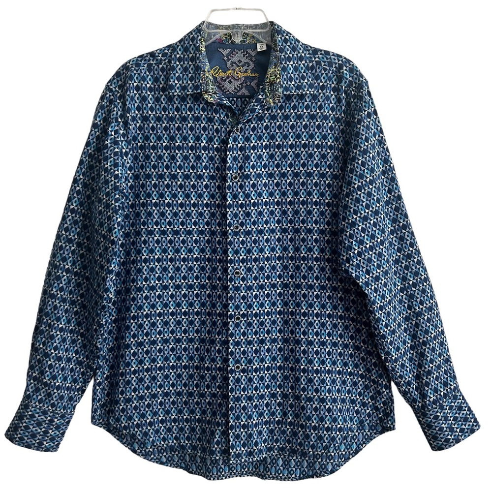 Robert Graham Octavian Blue Geometric Diamond Neat Print Sport Shirt M